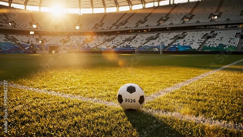 Wallpaper Mural Soccer ball positioned on grass field with sunlight illuminating stadium, showcasing vibrant turf and clear markings for upcoming match in 2026 Torontodigital.ca
