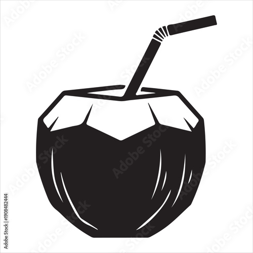 A refreshing coconut with a straw inserted into its top half Vector, illustration