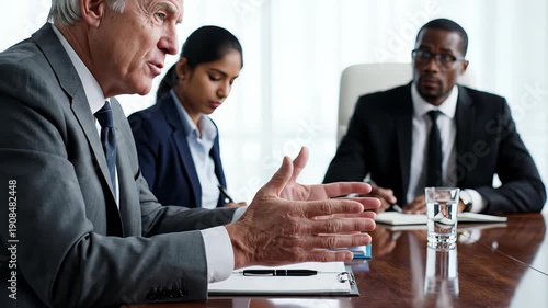 Wallpaper Mural Business meeting with diverse professionals discussing strategies, engaged in conversation, showcasing collaboration and attention on documents. concept of transferring experience of old to young Torontodigital.ca