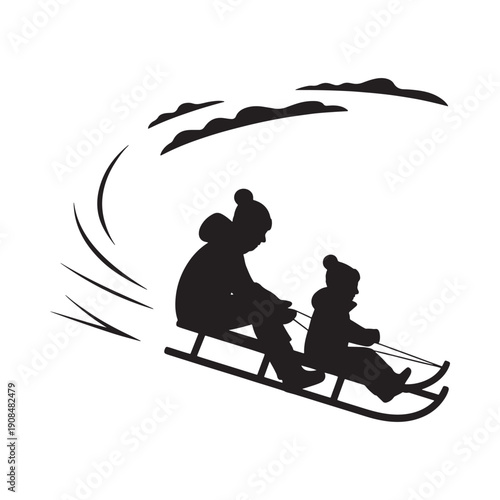 Silhouetted image of two people sledding down a snowy hill