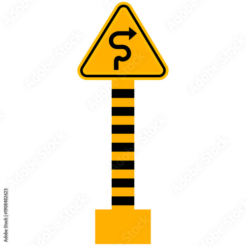 Yellow road sign with black stripes on a post indicating a curve ahead to the right  road sign  traffic sign Vector