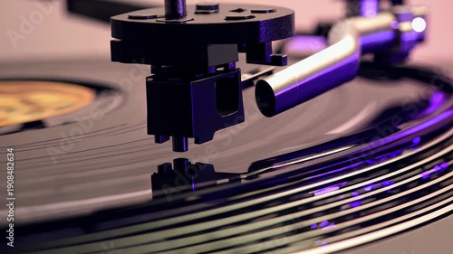 Wallpaper Mural Turntable needle descends onto vinyl record surface, capturing sound waves as grooves spin, showcasing audio playback in motion and detail. the return of the concept of vintage analog music Torontodigital.ca