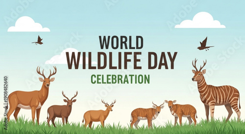 World wildlife day celebration with animals in a grassy field