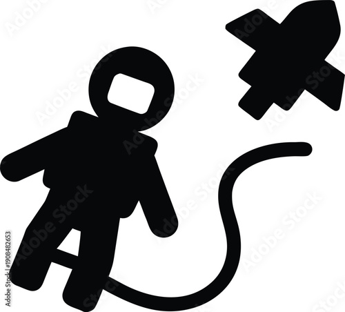 spacewalk astronaut tethered silhouette vector illustration on transparent background