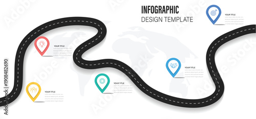 Business roadmap infographic design with 5 steps. Infographic template winding asphalt road with pin-pointers. Infographic design template with place for your data. Vector illustration.