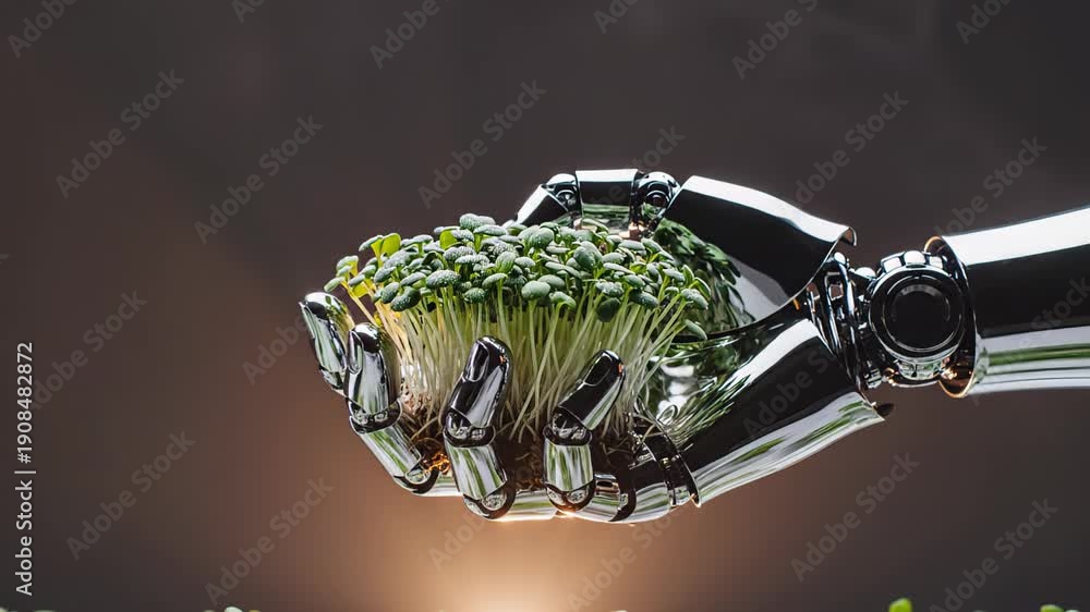 custom made wallpaper toronto digitalRobotic hand gently cradling vibrant microgreens showcasing advanced technology in agriculture and innovative plant cultivation techniques