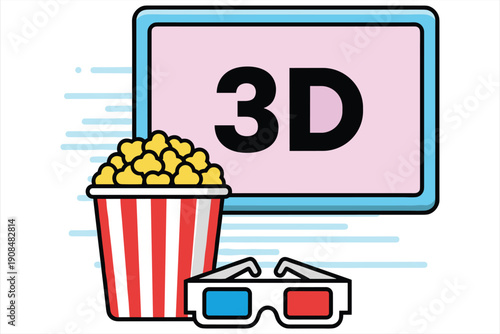 3D movie screen with popcorn and glasses on white background cinema