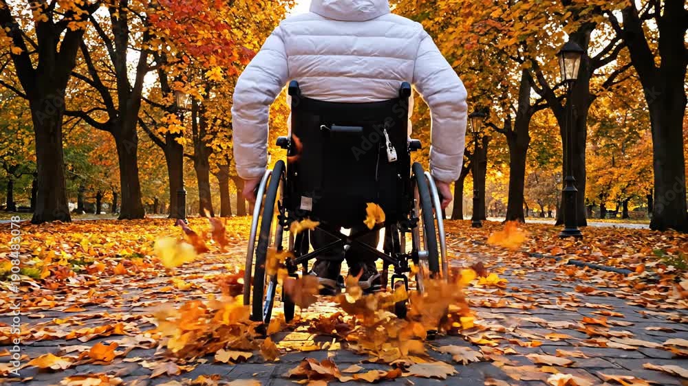 custom made wallpaper toronto digitalIndividual in wheelchair navigating through vibrant autumn park, wheels rolling over colorful fallen leaves, enjoying the seasonal scenery