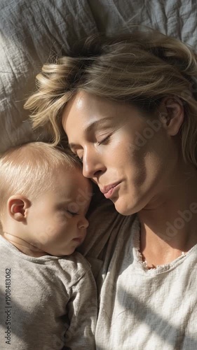 Mom and baby nap time together. Serene motherhood lifestyle concept