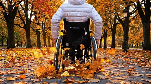 Wallpaper Mural Individual in wheelchair navigating through vibrant autumn park, wheels rolling over colorful fallen leaves, enjoying the seasonal scenery Torontodigital.ca
