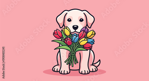 Cute labrador puppy sitting among colorful spring tulip flowers