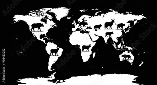 Black and white world map with animal silhouettes on continents