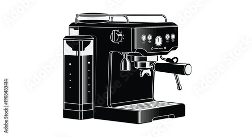 Black and white illustration of a modern espresso machine on a white background
