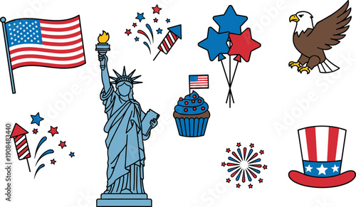 American patriotic symbols including Statue of Liberty and flag on white background vector illustration