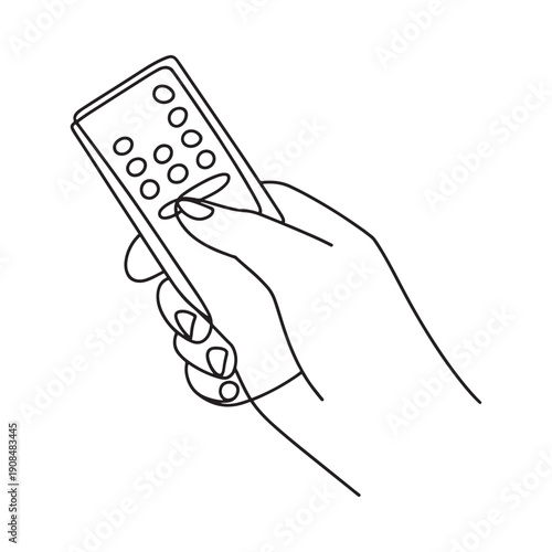 A hand holding a remote control depicted in a simple line drawing style
