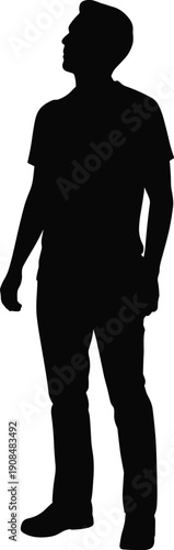 Black male silhouette standing and looking up into the light representing future vision, success, hope, and determination isolated on white background for design projects.
