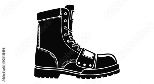 Black and white illustration of a single combat boot side view