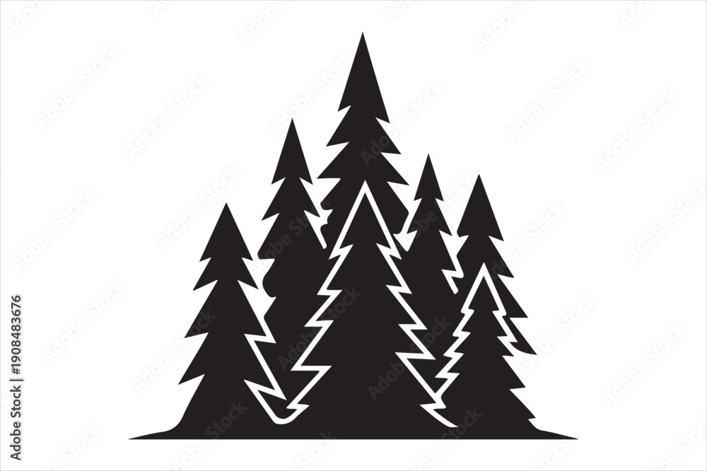 Obraz premium A stylized black and white illustration of five clustered pine trees against a plain background. Vector, illustration