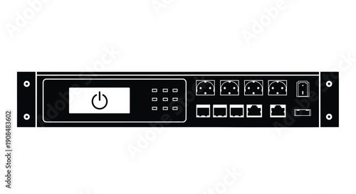 Black network rack device with power button and multiple ports