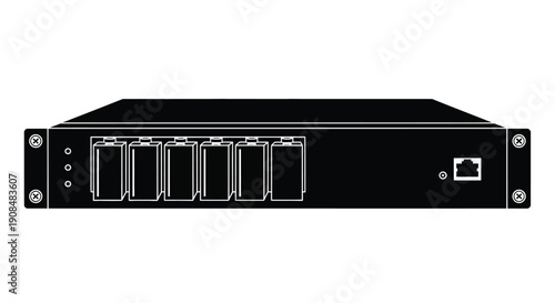 Black network switch device with multiple ports and indicator lights