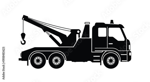 A black silhouette of a tow truck with a raised hook is displayed