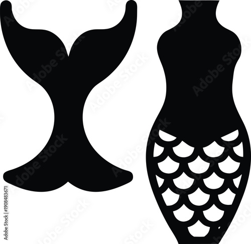 mermaid tail and torso silhouette vector illustration on transparent background