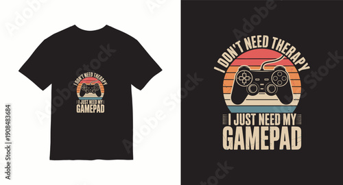 Vintage gamer t-shirt design featuring controller and retro sunset for gaming lovers