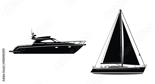 Silhouette of a motor yacht and a sailboat on a white background