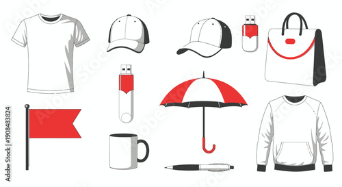 Assortment of promotional merchandise including clothing accessories and office items