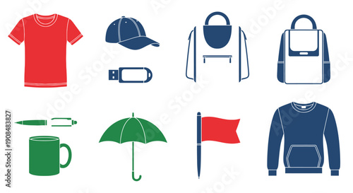 Collection of promotional items including apparel accessories and everyday objects