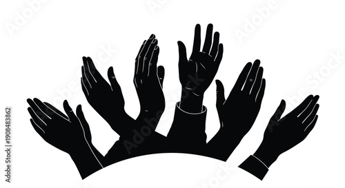 Multiple black silhouettes of hands reaching upwards in a collective gesture