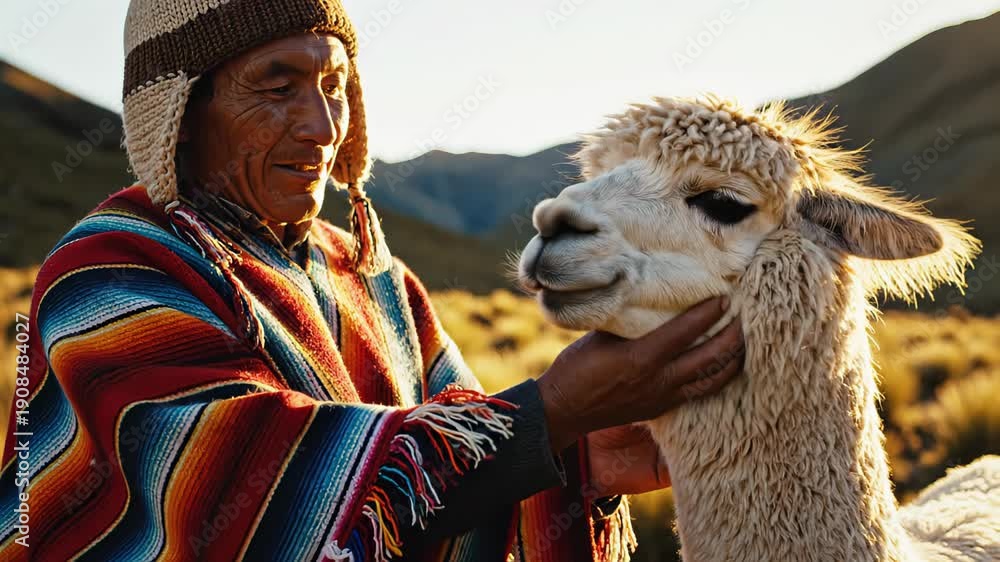custom made wallpaper toronto digitalMan in colorful poncho gently interacting with a llama, showcasing a bond through touch and affection in a natural outdoor setting