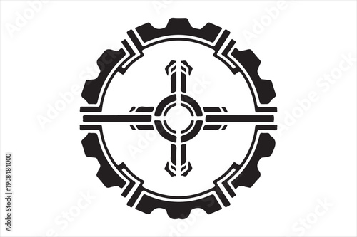 Vintage mechanical cross and gear emblem design with bold lines and symmetry Vector, illustration