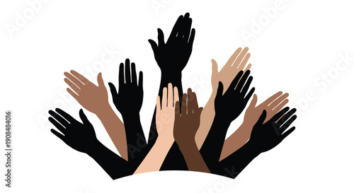 Diverse hands raised in a gesture of unity and support