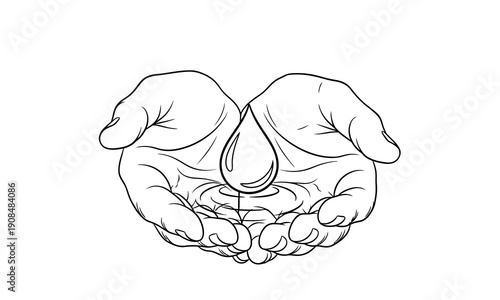 A line drawing of two hands cradling a teardrop shaped object
