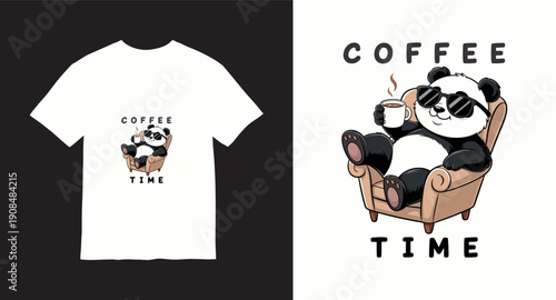 Cool panda drinking coffee on armchair t-shirt design for morning energy lovers