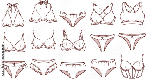 Set of Women’s Lingerie and Underwear Illustrations Showing Bras, Panties, and Fashion Designs with Detailed Line Work and Stitching