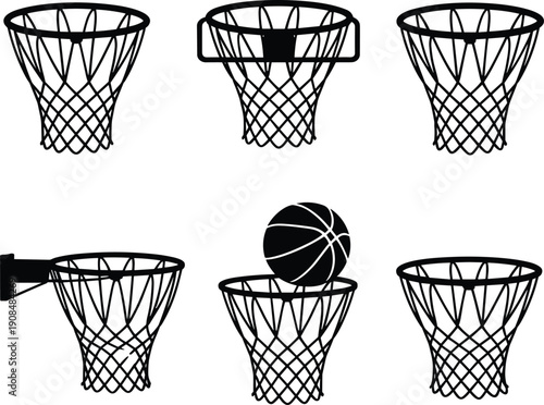 Black Basketball Hoop And Net Silhouette Icon Set Featuring Various Goal Rims With Backboards And Ball For Sports Competition Graphics