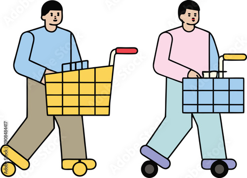 Pixel characters holding upgraded shopping carts