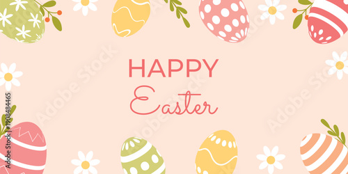 Happy Easter background with decorative eggs and flowers. Vector Easter banner, perfect for greeting cards, banners, posters, invitations, social media and seasonal holiday design.