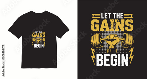 Let the gains begin a vintage t-shirt design with a hand holding a dumbbell and lightning bolts