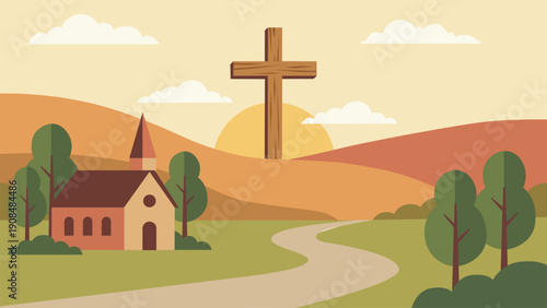 Christian Church and Cross at Sunrise Easter Celebration Landscape Illustration