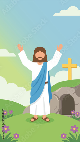Risen Jesus with Cross and Empty Tomb Easter Christian Illustration Background