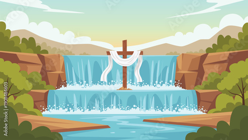 Cross with White Cloth at Waterfall Symbolizing Resurrection Easter Christian Illustration