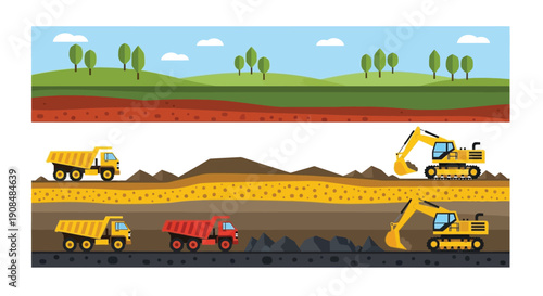 Construction site landscape with heavy machinery and layered earth formations