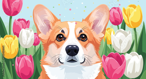 Close up illustration of a corgi dog in a field of colorful tulips