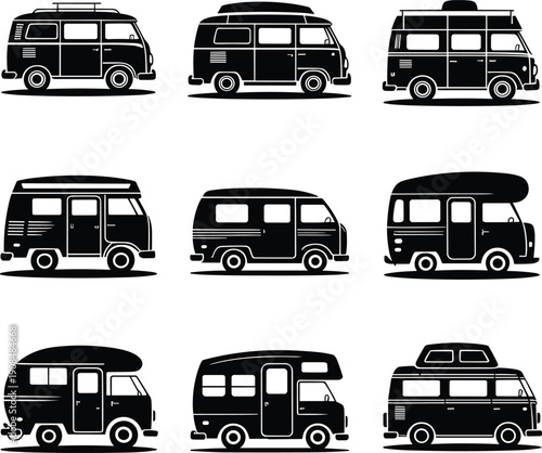 Flat Vector Icon Set Featuring Various Camper Van Silhouettes and Recreational Vehicle Models for Van Life Travel Adventure and Tourism Branding