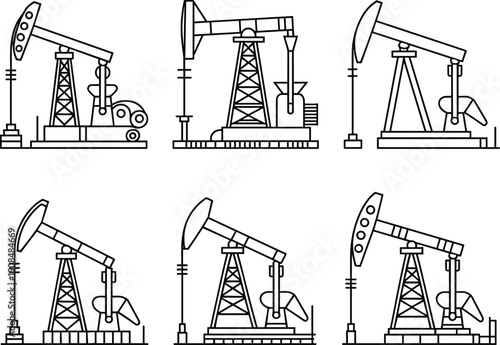 Professional Industrial Oil Pump Jack Icon Set Featuring Various Petroleum Derrick Machine Silhouettes For Energy Sector Mining And Fuel Branding