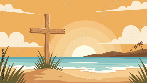 Wooden Cross on Beach at Sunset Easter Christian Illustration Background