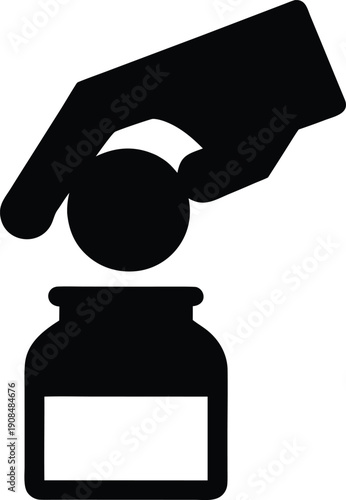 hand placing coin in jar silhouette vector illustration on transparent background